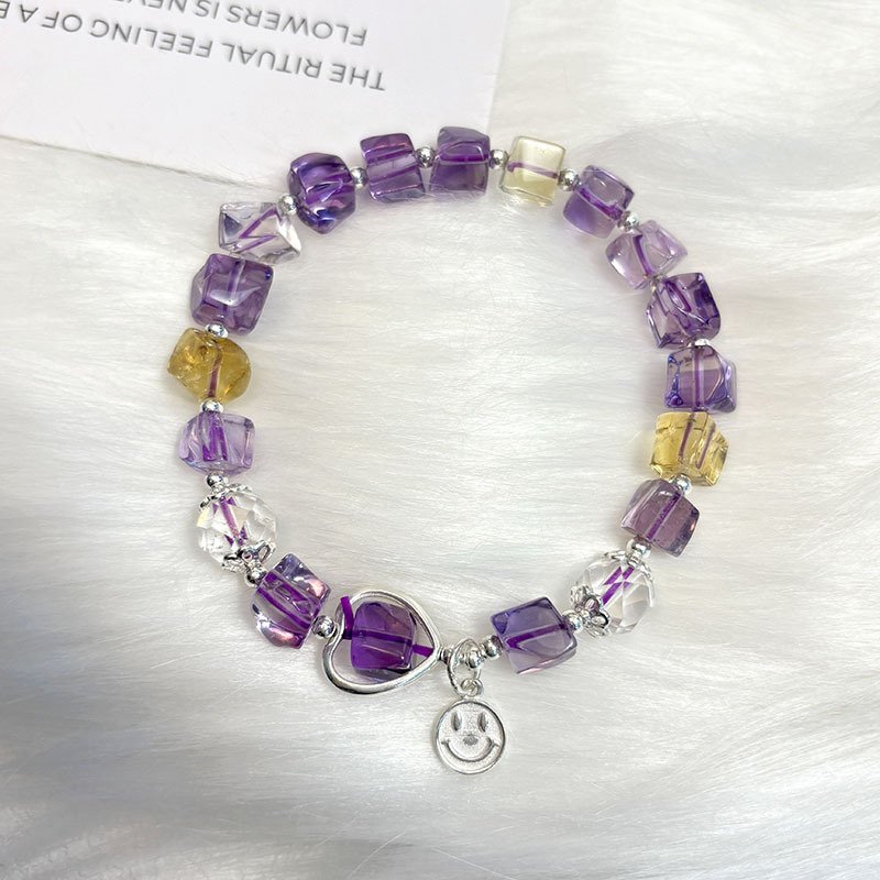 S 925 sterling silver smiley face natural purple and white topaz bracelet